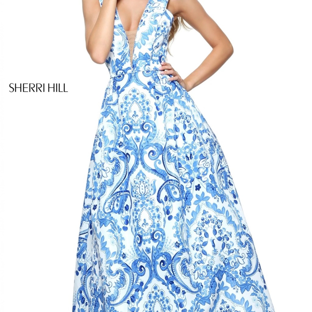 Sherri Hill Blue and White Floral Gown